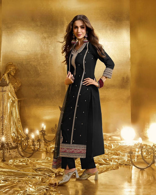 Attractive Black Georgette Embroidery Work Palazzo Suit