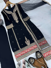 Attractive Black Georgette Embroidery Work Palazzo Suit