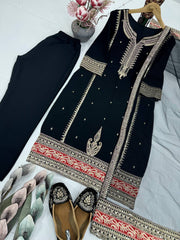 Attractive Black Georgette Embroidery Work Palazzo Suit