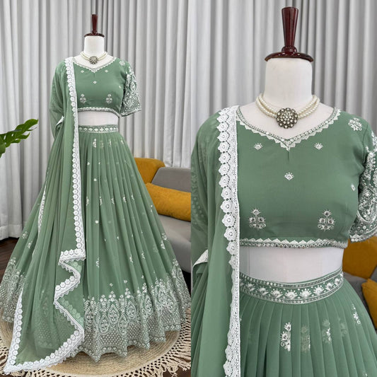 Pretty Green Georgette Thread Work Lehenga Choli