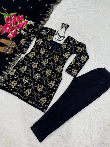Glorious Blue Velvet with Sequence Work Suit