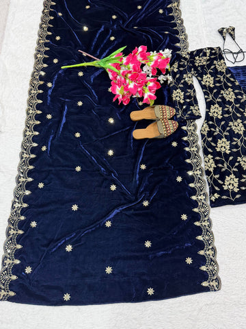 Glorious Blue Velvet with Sequence Work Suit