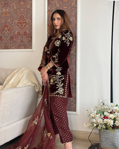Stylish Maroon Velvet Sequence Work Farshi Salwar