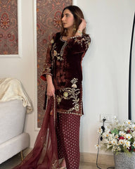 Stylish Maroon Velvet Sequence Work Farshi Salwar