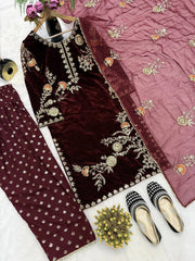 Stylish Maroon Velvet Sequence Work Farshi Salwar