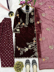 Stylish Maroon Velvet Sequence Work Farshi Salwar
