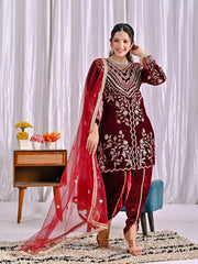 Ravishing Maroon Velvet Embroidery Work Dhoti Suit