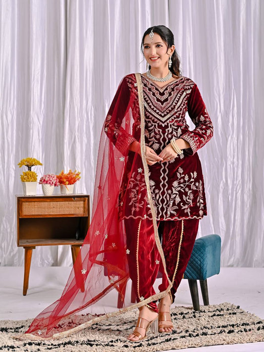 Ravishing Maroon Velvet Embroidery Work Dhoti Suit