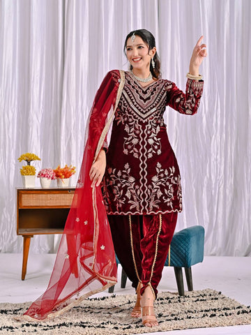 Ravishing Maroon Velvet Embroidery Work Dhoti Suit