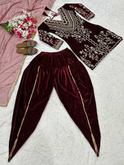Ravishing Maroon Velvet Embroidery Work Dhoti Suit