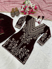 Ravishing Maroon Velvet Embroidery Work Dhoti Suit