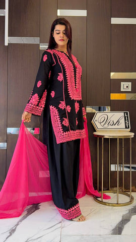 Designer Black Silk Work Palazzo Suit
