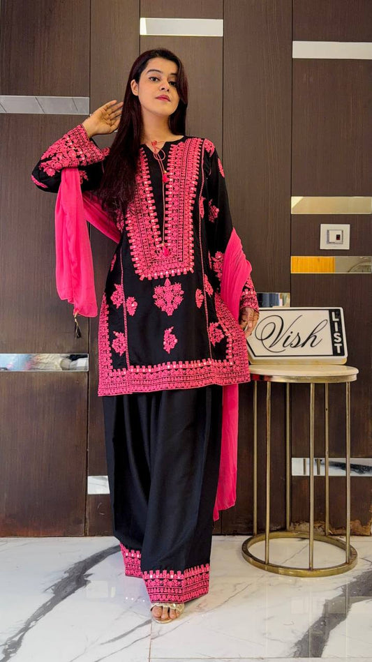 Designer Black Silk Work Palazzo Suit