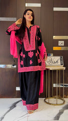 Designer Black Silk Work Palazzo Suit