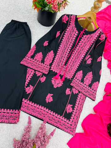 Designer Black Silk Work Palazzo Suit