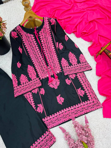 Designer Black Silk Work Palazzo Suit