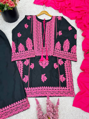 Designer Black Silk Work Palazzo Suit