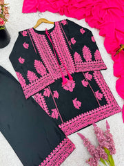 Designer Black Silk Work Palazzo Suit