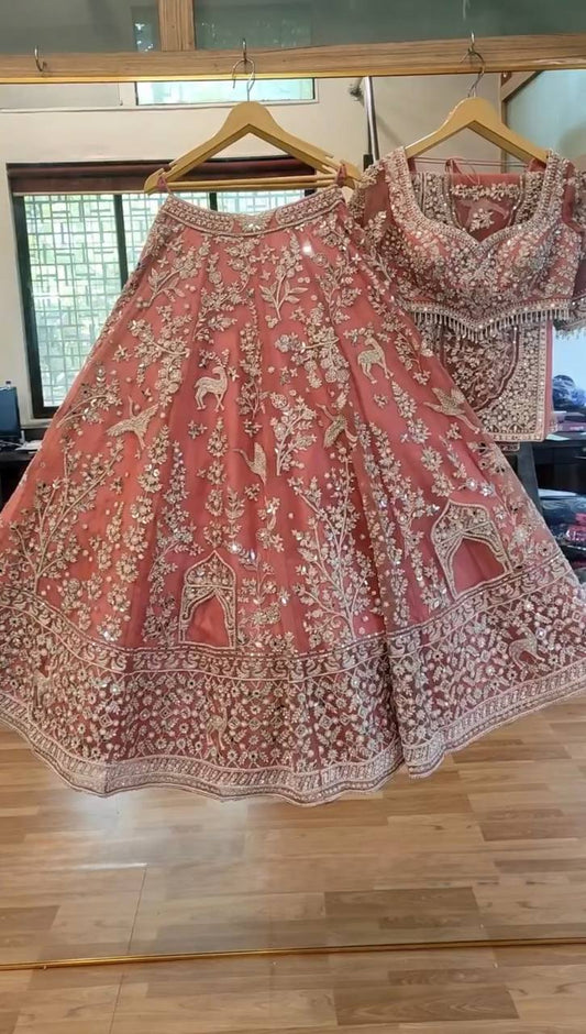 Pretty Peach Net With Embroidery Work Lehenga Choli