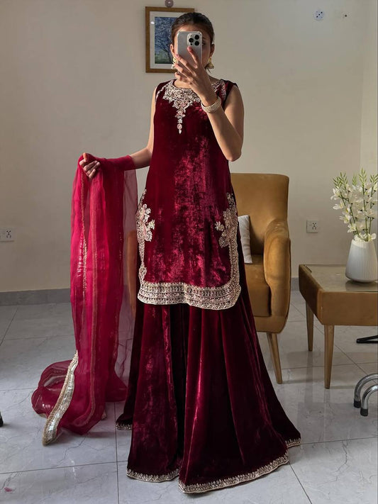 Designer Maroon Velvet with Embroidery Work Palazzo Suit