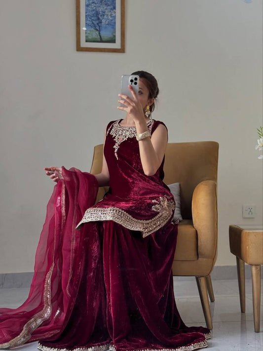Designer Maroon Velvet with Embroidery Work Palazzo Suit