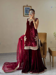 Designer Maroon Velvet with Embroidery Work Palazzo Suit