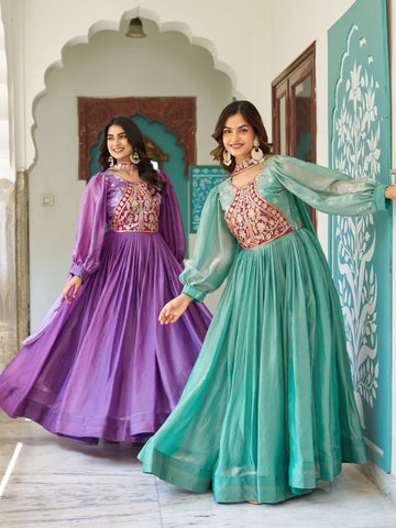 Stylish Purple Fendy Silk Embroidery Work Gown
