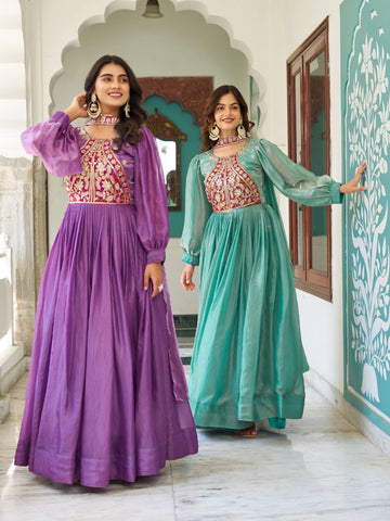 Stylish Purple Fendy Silk Embroidery Work Gown