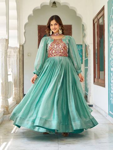 Stylish Purple Fendy Silk Embroidery Work Gown