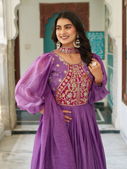 Stylish Purple Fendy Silk Embroidery Work Gown