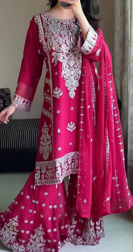 Ravishing Pink Georgette Embroidery Work Sharara Suit