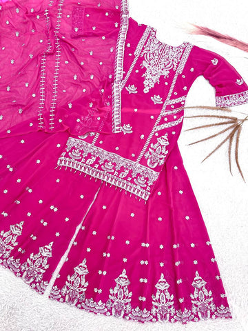 Ravishing Pink Georgette Embroidery Work Sharara Suit