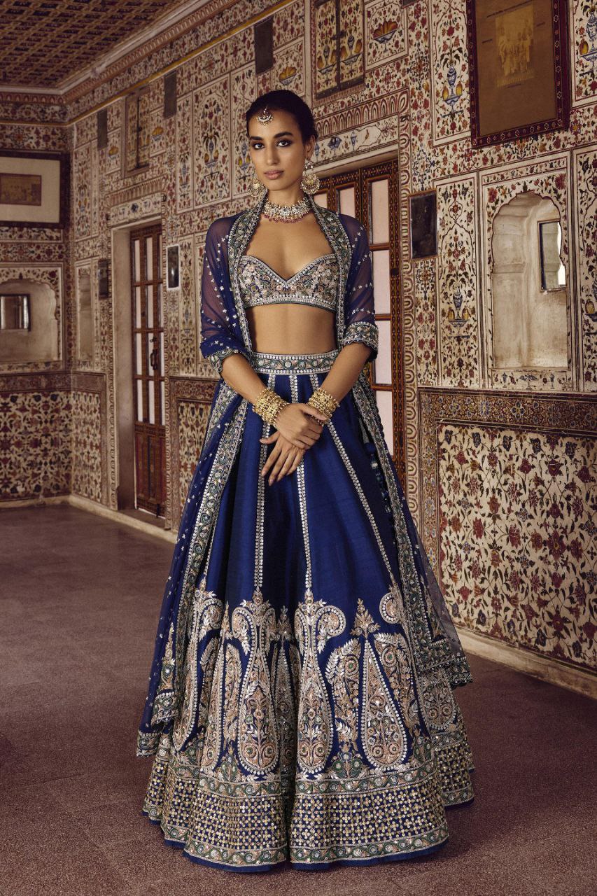 Daisy Blue Slub Silk Dori Work Lehenga Choli