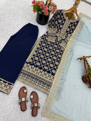 Lovely Blue Georgette Sequence Work Palazzo Suit