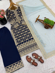 Lovely Blue Georgette Sequence Work Palazzo Suit