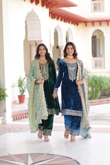 Glorious Blue Velvet with Zari Work Palazzo Suit