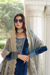 Glorious Blue Velvet with Zari Work Palazzo Suit