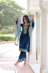 Glorious Blue Velvet with Zari Work Palazzo Suit