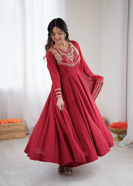 Gorgeous Red Silk Codding Work Anarkali Gown