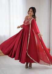 Gorgeous Red Silk Codding Work Anarkali Gown