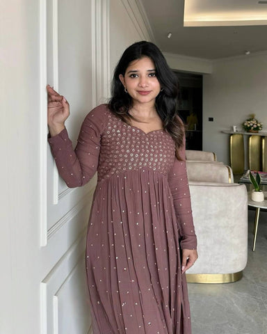 Lovely Brown Georgette with Embroidery Gown