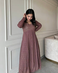 Lovely Brown Georgette with Embroidery Gown