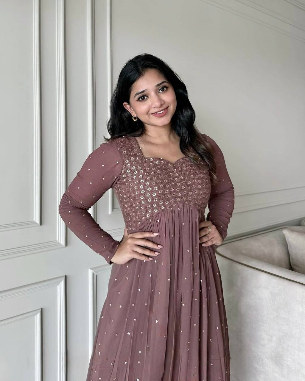 Lovely Brown Georgette with Embroidery Gown