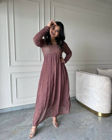 Lovely Brown Georgette with Embroidery Gown