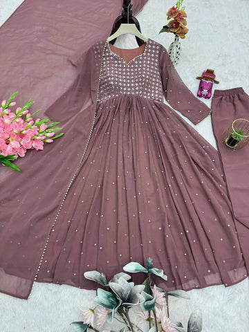Lovely Brown Georgette with Embroidery Gown