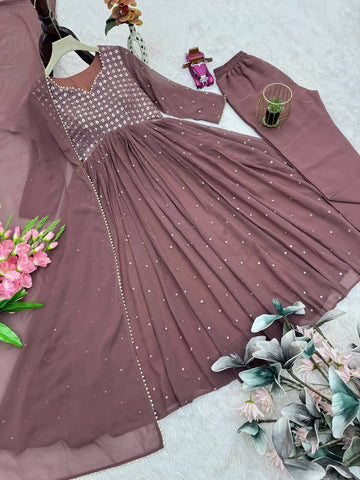 Lovely Brown Georgette with Embroidery Gown