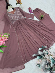 Lovely Brown Georgette with Embroidery Gown