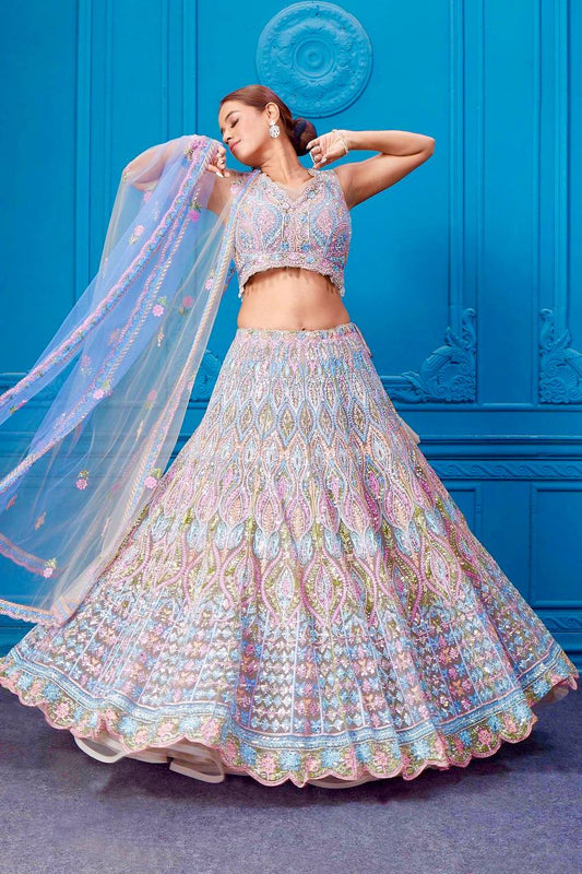 Daisy Blue Net Embroidery Work Lehenga Choli