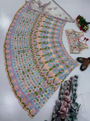 Daisy Blue Net Embroidery Work Lehenga Choli