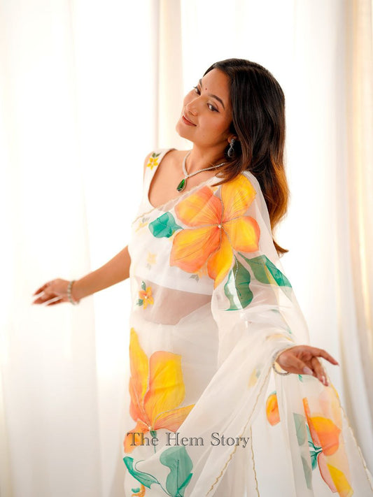 Fancy White Taby Silk Work Saree